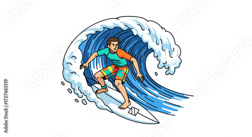 Cartoon Surfer Riding a Powerful Ocean Wave.