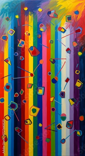 Colorful stripes and shapes create a vibrant abstract painting with a modern feel