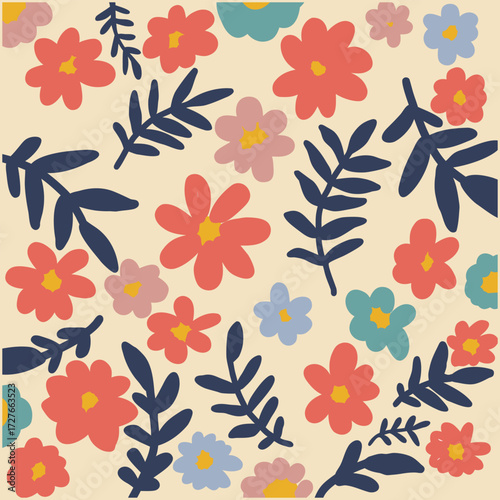Abstract floral pattern with bold colors and shapes. A lively and colorful abstract floral pattern featuring large, stylized flowers and lush green leaves on a white background..