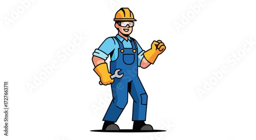 Cartoon construction worker with wrench and safety gear.