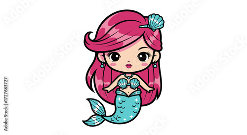 Adorable Chibi Mermaid with Pink Hair and Teal Tail.