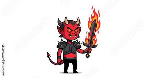 Fierce red cartoon devil character in black armor holding a flaming sword.