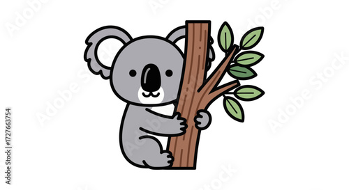 Cartoon Koala Bear Clinging to a Brown Tree Branch.
