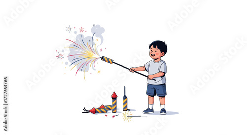 Young Boy Lighting a Sparkling Fireworks Wand.