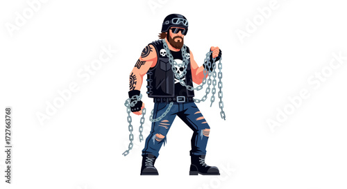 Rugged Biker Character with Chains and Skull T-Shirt.