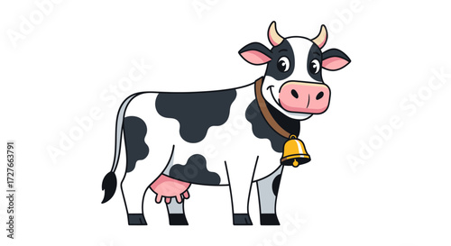 Cute Cartoon Dairy Cow with Bell and Udder.