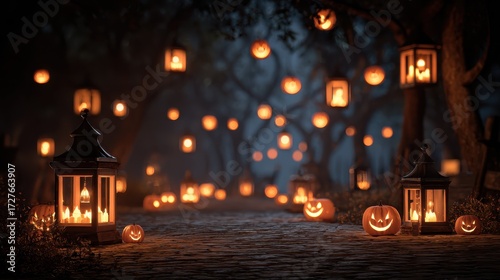 illuminated jackolanterns and lanterns create a spooky halloween night atmosphere