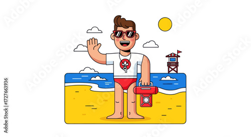 Cartoon Lifeguard Waving with Sunglasses and Rescue Kit.