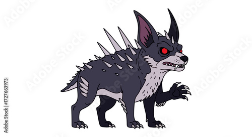 Spiked Dark Dog with Red Eyes Cartoon Style.