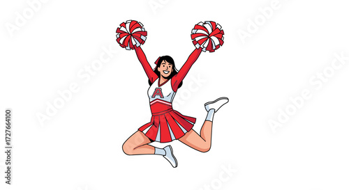 Cheerleader in mid-air red and white uniform pom-poms.