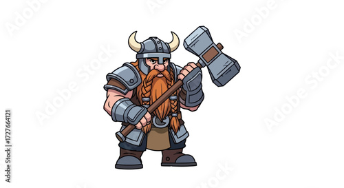 Cartoon Dwarf Warrior with Horned Helmet and Large Hammer.