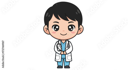 Adorable Cartoon Male Doctor with Stethoscope and White Coat.