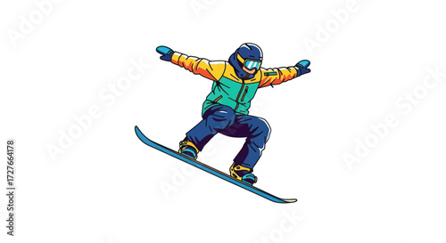 Colorful Snowboarder Jumping in Mid-Air with Helmet and Vibrant Winter Gear.