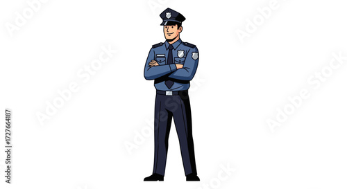 Policeman in Uniform with Arms Crossed Standing Tall.