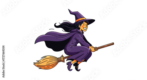 Cartoon Witch Flying on Broomstick with Purple Robe and Pointed Hat.