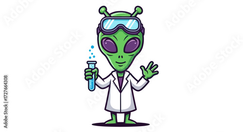 Cartoon Green Alien Scientist in Lab Coat Holding Test Tube.