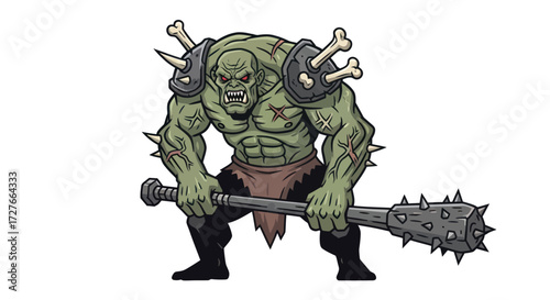 Cartoon Orc Warrior with Spiked Shoulders and a Spiked Club.