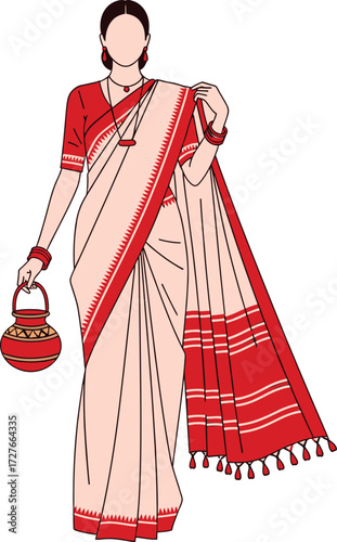 Woman in traditional indian saree holding a decorative pot with a white background