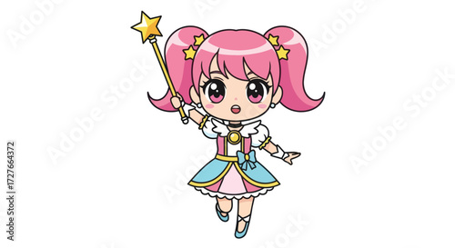 Cute Chibi Magical Girl with Pink Hair and Star Wand.