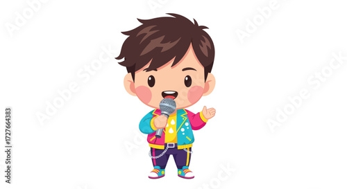 Cute chibi anime boy with spiky brown hair wearing a colorful jacket and singing into a microphone.