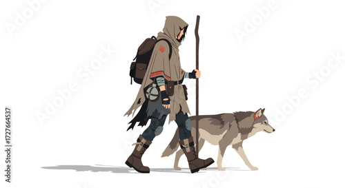 Mysterious Hooded Figure with Backpack and Staff Walking Alongside a Loyal Wolf Companion.
