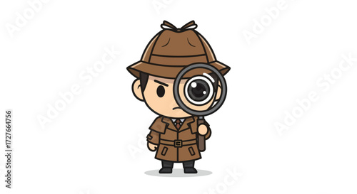 Cartoon Detective Holding Magnifying Glass Wearing Trench Coat and Hat.