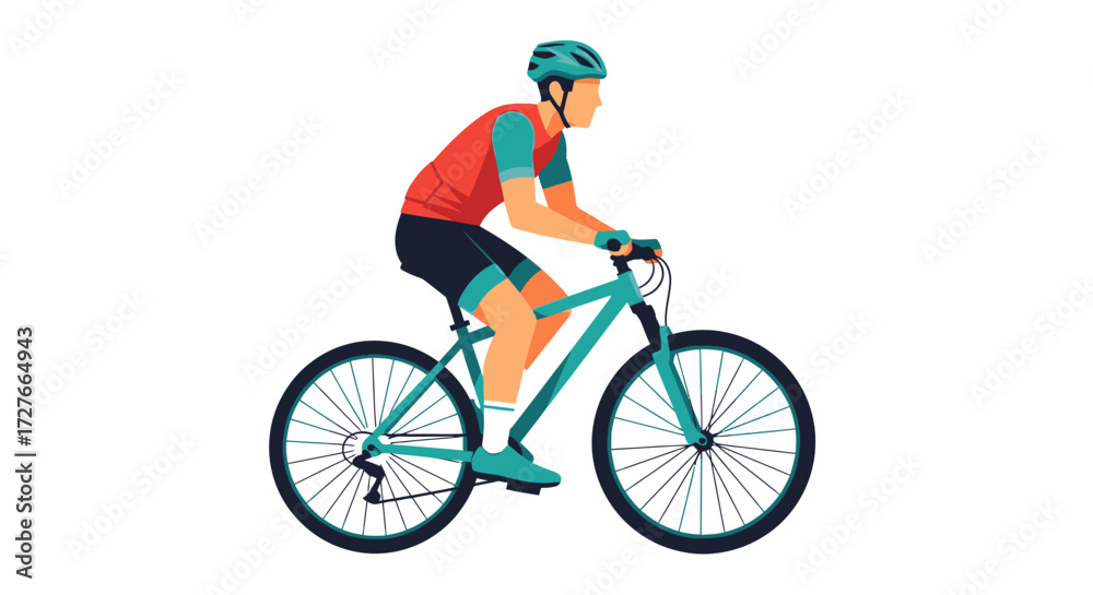 Naklejka premium Cyclist Riding a Teal Mountain Bike with Helmet and Gear.
