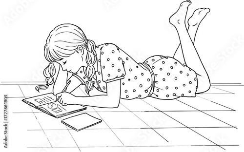 Young girl with braided pigtails lying on the floor writing in a notebook with a pencil