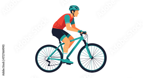 Cyclist Riding a Teal Mountain Bike with Helmet and Gear.