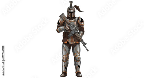 Weathered Medieval Knight with Modern Assault Rifle.