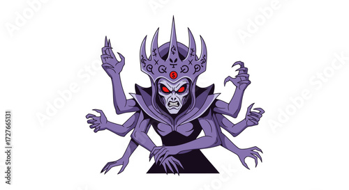 A menacing purple sorceress with six arms a spiky crown and glowing red eyes.