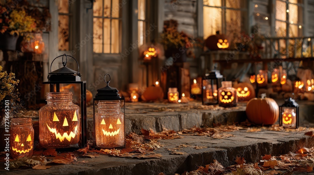 Obraz premium halloween decorations with spooky lanterns in mason jars with pumpkin faces creating a magical ambiance on a porch with autumn leaves and treats scattered around