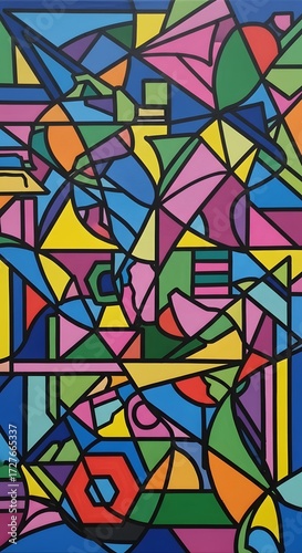 Colorful abstract geometric artwork with black outlines and vibrant colors design art