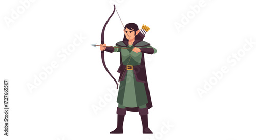 A fantasy elf archer character in a green tunic and cloak aiming a longbow.
