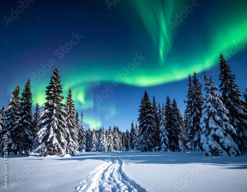 Aurora boreal iluminando un bosque cubierto de nieve, luces verdes y azules danzando en el cielo