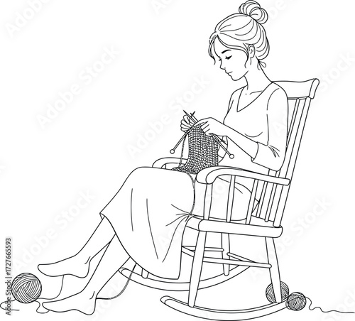 Young woman peacefully knitting a garment while sitting in a rocking chair with yarn balls nearby