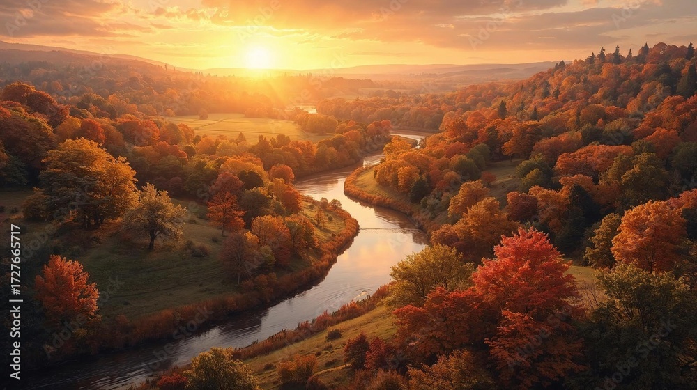 Naklejka premium Autumn countryside at sunrise, golden-orange light reflecting on colorful trees, calm river flowing through, warm and serene seasonal atmosphere background