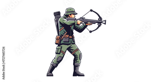 Soldier aiming a crossbow wearing camouflage uniform and helmet ready for combat.