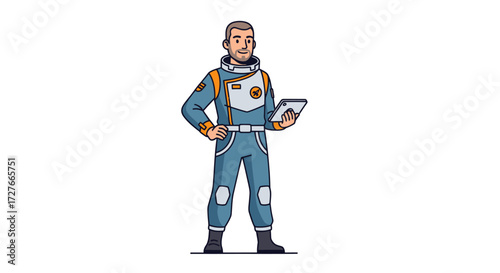 Cartoon Astronaut Holding Tablet Wearing Blue Spacesuit with Orange Accents.