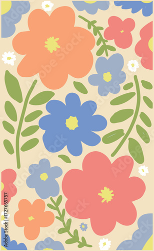 Vibrant retro floral pattern with abstract blooms and leaves on a creamy background.