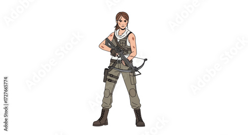 Female Soldier in Tactical Gear Holding a Rifle and Crossbow.