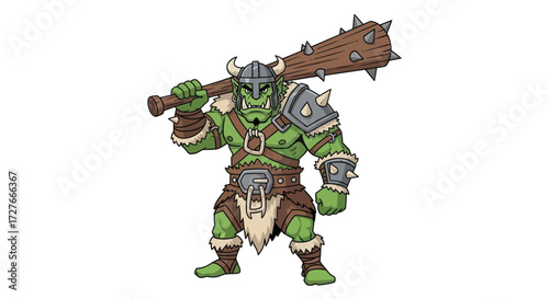 Fierce Green Orc Warrior with Spiked Club and Helmet.