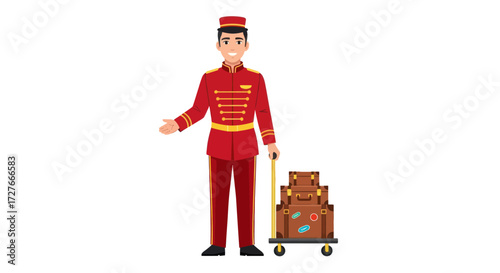 Cheerful Bellhop in Red Uniform with Luggage Cart.