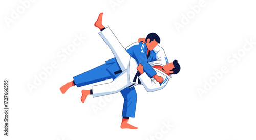 Two Judo practitioners in traditional gis demonstrating a martial arts throw.