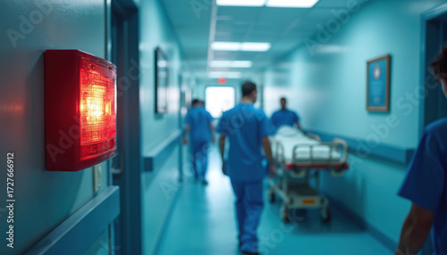 Red fire alarm blinks in busy hospital corridor. Medical staff in blue scrubs hurry, push patient gurney rapidly down hall. Doctors, nurses respond to emergency alert, moving fast in clinic. Urgent