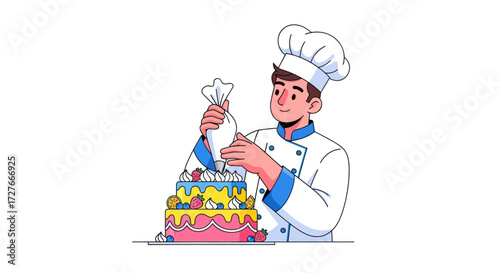 Baker Decorating a Colorful Layered Cake with Icing.