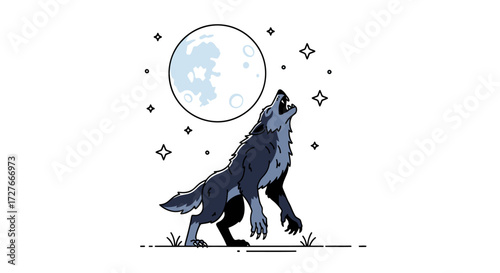 Werewolf Howling at the Moon Illustration with Stars.