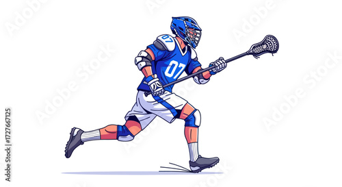 Lacrosse Player in Blue Uniform Running with Stick.