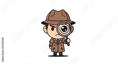 Cute Cartoon Detective Character with Magnifying Glass and Trench Coat.