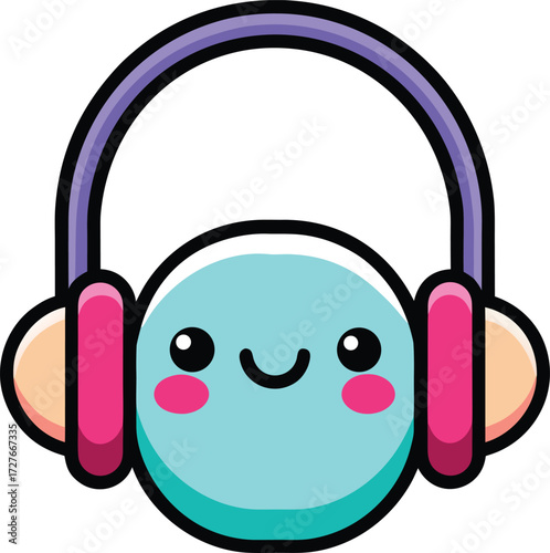 Cute kawaii blue character with headphones and rosy cheeks isolated on white background